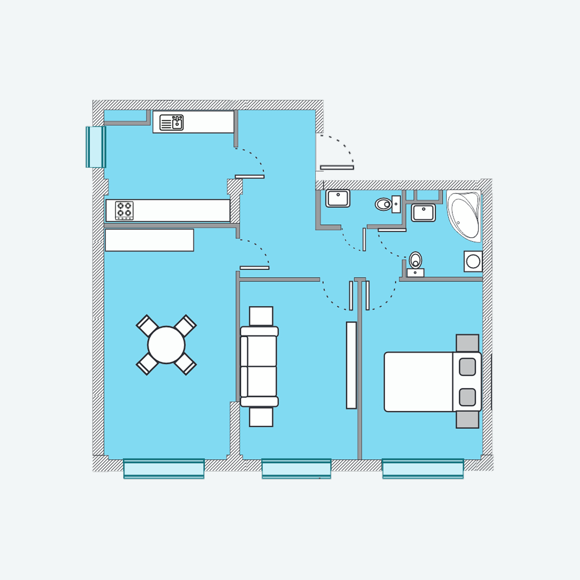 Планировка 3-комнатная, 82 м²